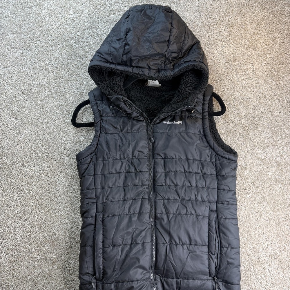Avalanche Vest Womens Small Black Quilted Hooded Full Zip Pockets Fleece Lined